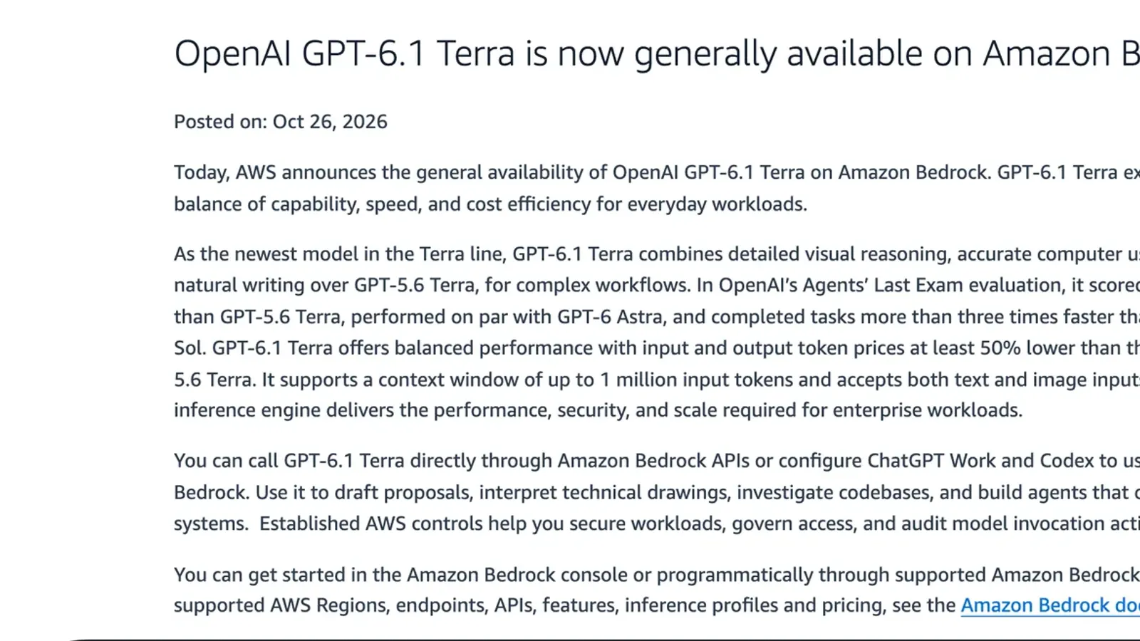 ประกาศ AWS What's New วันที่ 26 ตุลาคม 2026 เรื่อง OpenAI GPT-6.1 Terra บน Amazon Bedrock เปิดให้ใช้ทั่วไป ราคาโทเค็นต่ำกว่า GPT-6.1 Sol อย่างน้อย 50% และรองรับบริบท 1 ล้านโทเค็น