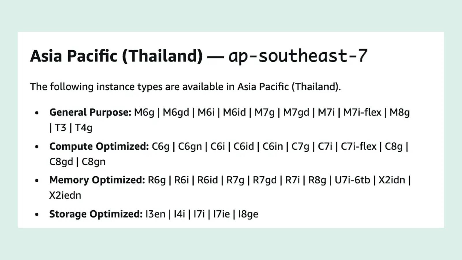 เอกสาร AWS แสดงเครื่องใน Asia Pacific (Thailand) มีเพียง General Purpose, Compute, Memory และ Storage Optimized ยังไม่มี GPU Cloud ในไทยจาก AWS