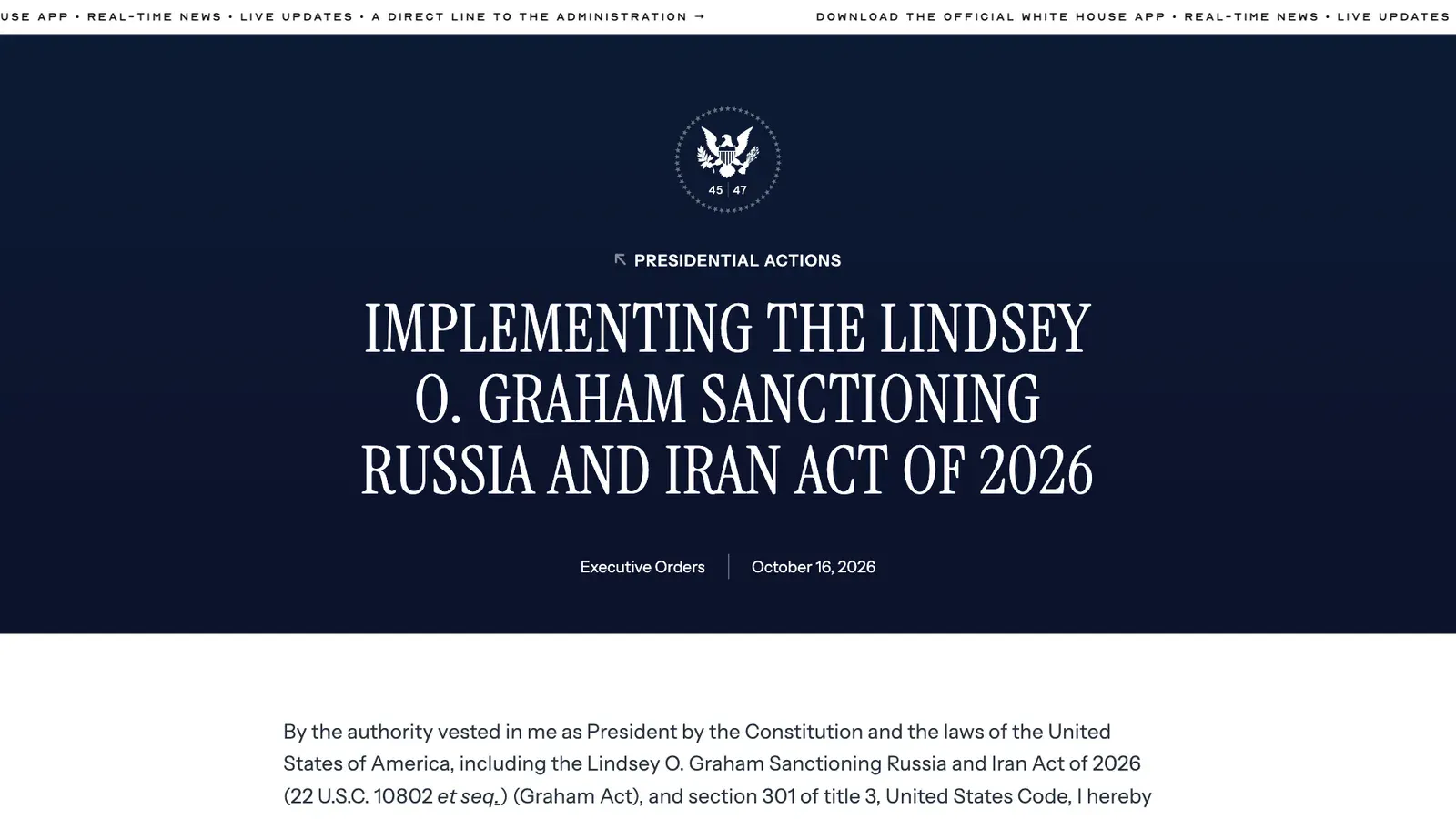 หน้าคำสั่งบริหารของทำเนียบขาว Implementing the Lindsey O. Graham Sanctioning Russia and Iran Act of 2026 ลงวันที่ 16 ตุลาคม 2026 ซึ่งยกเว้นมาตรการตาม Graham Act