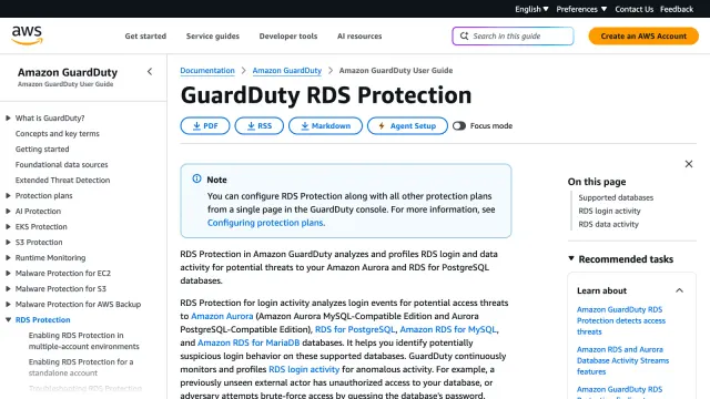 ภาพหน้าจอเอกสาร GuardDuty RDS Protection ของ AWS ระบุว่า RDS Protection วิเคราะห์ทั้ง login activity และ data activity ของ Amazon Aurora และ RDS for PostgreSQL