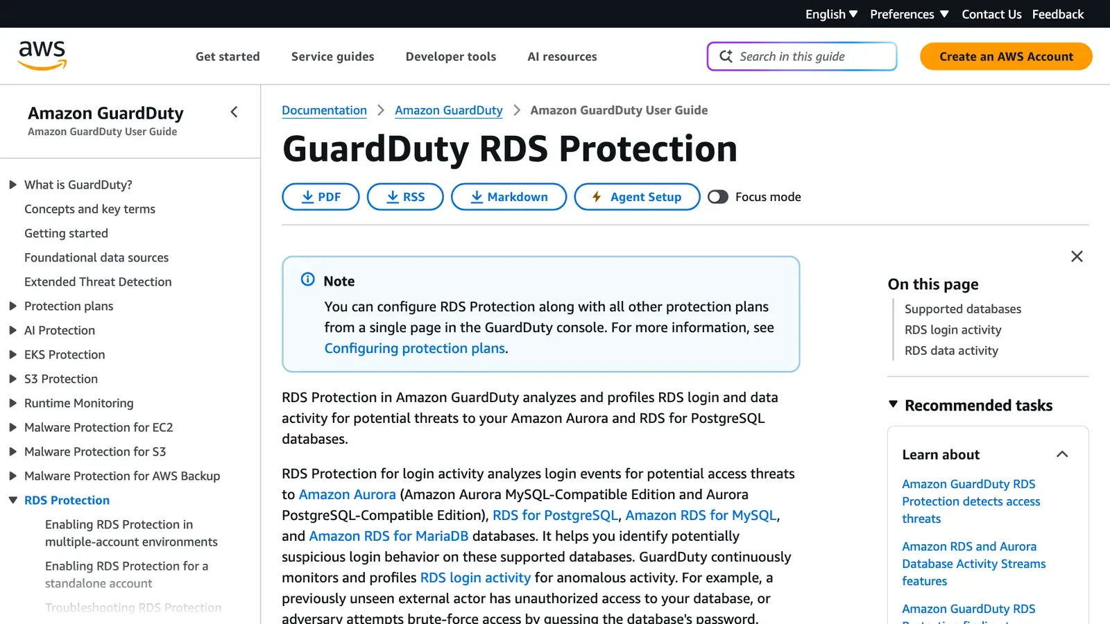 ภาพหน้าจอเอกสาร GuardDuty RDS Protection ของ AWS ระบุว่า RDS Protection วิเคราะห์ทั้ง login activity และ data activity ของ Amazon Aurora และ RDS for PostgreSQL