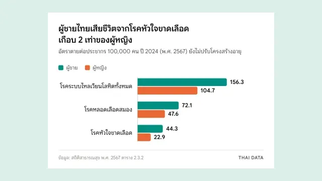 กราฟแท่งเทียบอัตราตายจากโรคหัวใจและหลอดเลือดของผู้ชายและผู้หญิงไทยปี 2024: โรคระบบไหลเวียนโลหิตทั้งหมด 156.3 กับ 104.7 โรคหลอดเลือดสมอง 72.1 กับ 47.6 และโรคหัวใจขาดเลือด 44.3 กับ 22.9 ต่อประชากร 100,000 คน