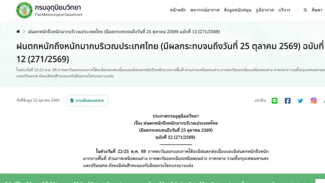 หน้าประกาศกรมอุตุนิยมวิทยา ฉบับที่ 12 (271/2569) เตือนฝนตกหนัก 22-25 ต.ค. 2569 ถึงหนักมากบริเวณประเทศไทย มีผลกระทบจนถึงวันที่ 25 ตุลาคม 2569