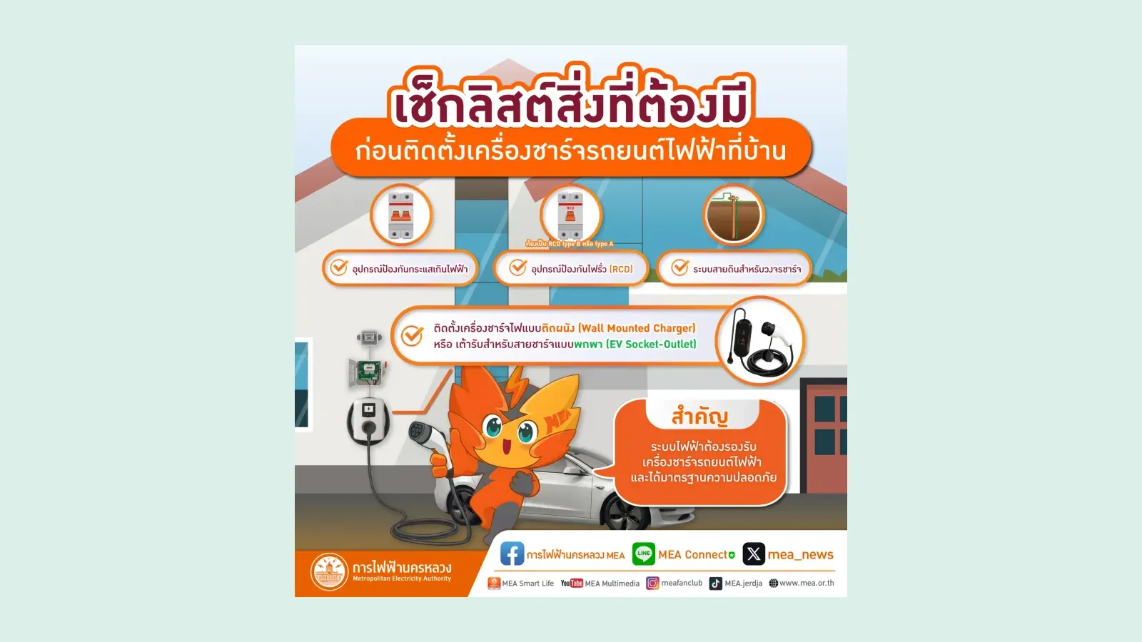 อินโฟกราฟิกของการไฟฟ้านครหลวง เช็กลิสต์สิ่งที่ต้องมีก่อนติดตั้งเครื่องชาร์จรถยนต์ไฟฟ้าที่บ้าน: อุปกรณ์ป้องกันกระแสเกินไฟฟ้า อุปกรณ์ป้องกันไฟรั่ว (RCD) type B หรือ type A ระบบสายดินสำหรับวงจรชาร์จ และเครื่องชาร์จแบบติดผนังหรือเต้ารับสำหรับสายชาร์จแบบพกพา