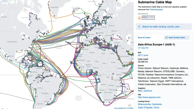 แผนที่ Submarine Cable Map ของ TeleGeography แสดงข้อมูลระบบเคเบิลใต้น้ำ AAE-1 ที่เชื่อมเอเชีย ตะวันออกกลาง และยุโรป