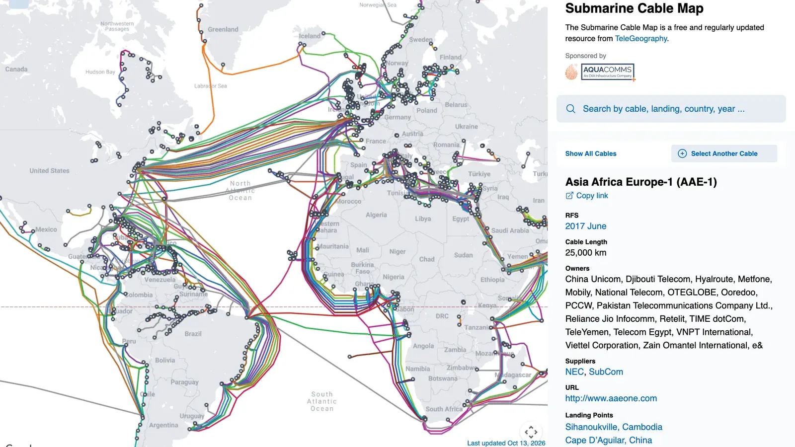 แผนที่ Submarine Cable Map ของ TeleGeography แสดงข้อมูลระบบเคเบิลใต้น้ำ AAE-1 ที่เชื่อมเอเชีย ตะวันออกกลาง และยุโรป