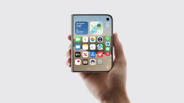 มือถือ iPhone Duo แบบพับ หน้าจอโฮมบนจอด้านนอกมี Dock เรียงแนวตั้งอยู่ด้านขวา
