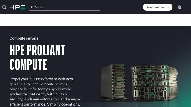 หน้า HPE ProLiant Compute บนเว็บไซต์ HPE แสดงเซิร์ฟเวอร์ ProLiant แบบทาวเวอร์และแบบแร็ก