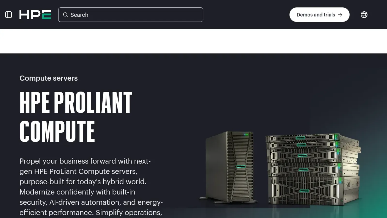 หน้า HPE ProLiant Compute บนเว็บไซต์ HPE แสดงเซิร์ฟเวอร์ ProLiant แบบทาวเวอร์และแบบแร็ก