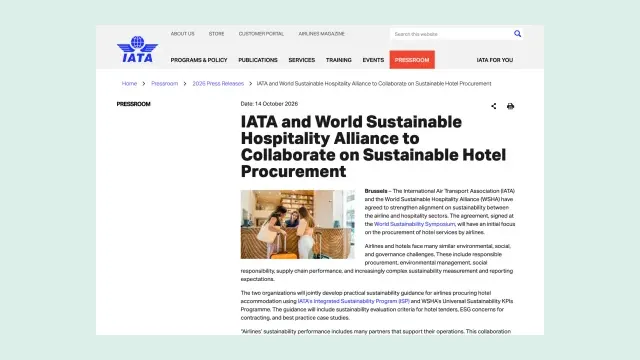 หน้าประกาศของ IATA ลงวันที่ 14 ตุลาคม 2026 เรื่อง IATA and World Sustainable Hospitality Alliance to Collaborate on Sustainable Hotel Procurement แนวทางจัดซื้อโรงแรมยั่งยืนของสายการบิน