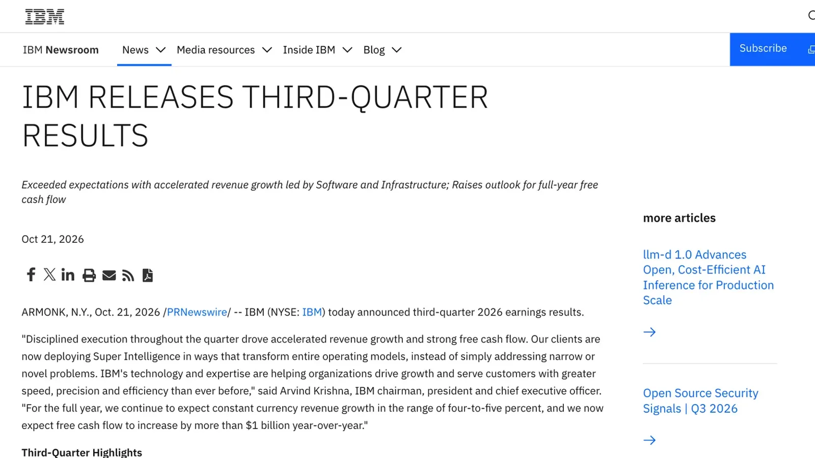 หน้า IBM Newsroom ประกาศ IBM Releases Third-Quarter Results วันที่ 21 ตุลาคม 2026 พร้อมคำกล่าวของ Arvind Krishna เรื่องคาดการณ์รายได้โต 4–5% และกระแสเงินสดอิสระเพิ่มกว่า 1 พันล้านดอลลาร์