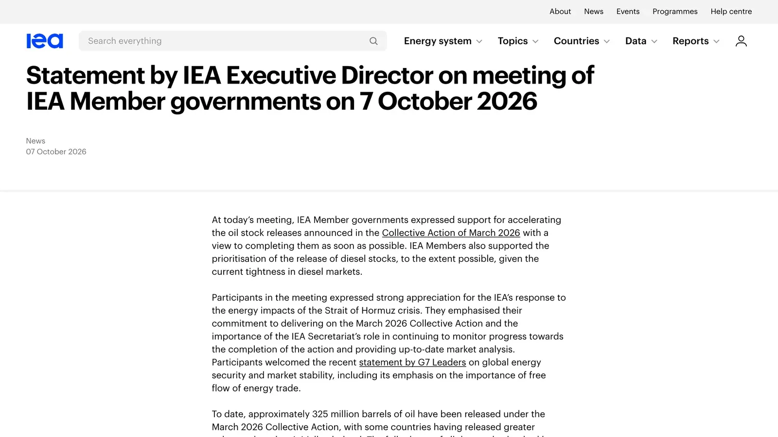 หน้าแถลงการณ์ของผู้อำนวยการบริหาร IEA หลังการประชุมประเทศสมาชิกวันที่ 7 ตุลาคม 2026 เรื่องเร่งปล่อยน้ำมันสำรองและให้ดีเซลก่อน
