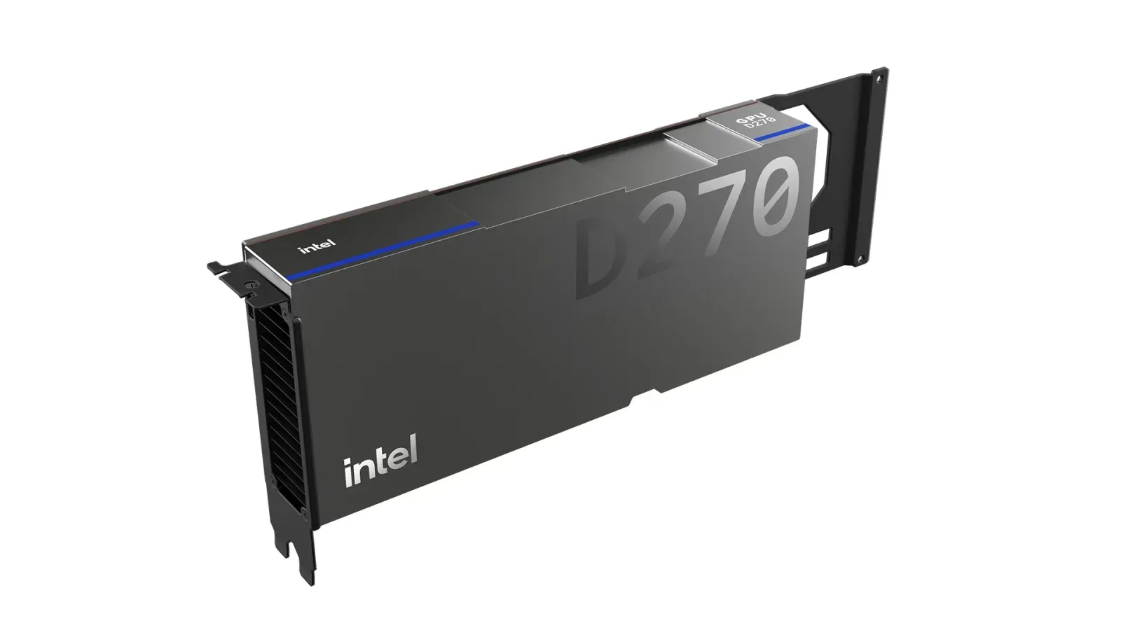 ภาพเรนเดอร์การ์ด Intel GPU D-series แบบ PCIe สีดำ มีโลโก้ Intel และแผงระบายความร้อนที่ขายึดด้านหลัง