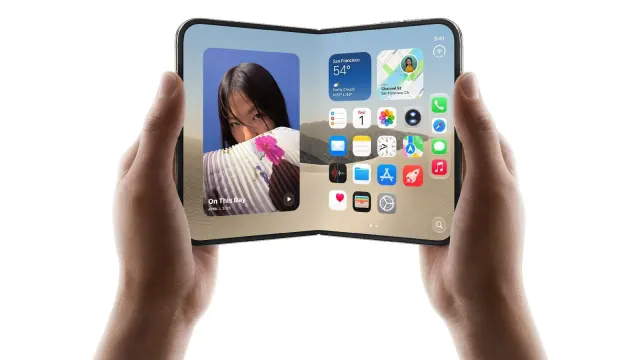 iPhone Duo มือถือพับได้ของ Apple ในภาพประกอบประกาศของ Verizon ซึ่งระบุค่าบริการ iPhone Handoff 10 ดอลลาร์ต่อเดือน