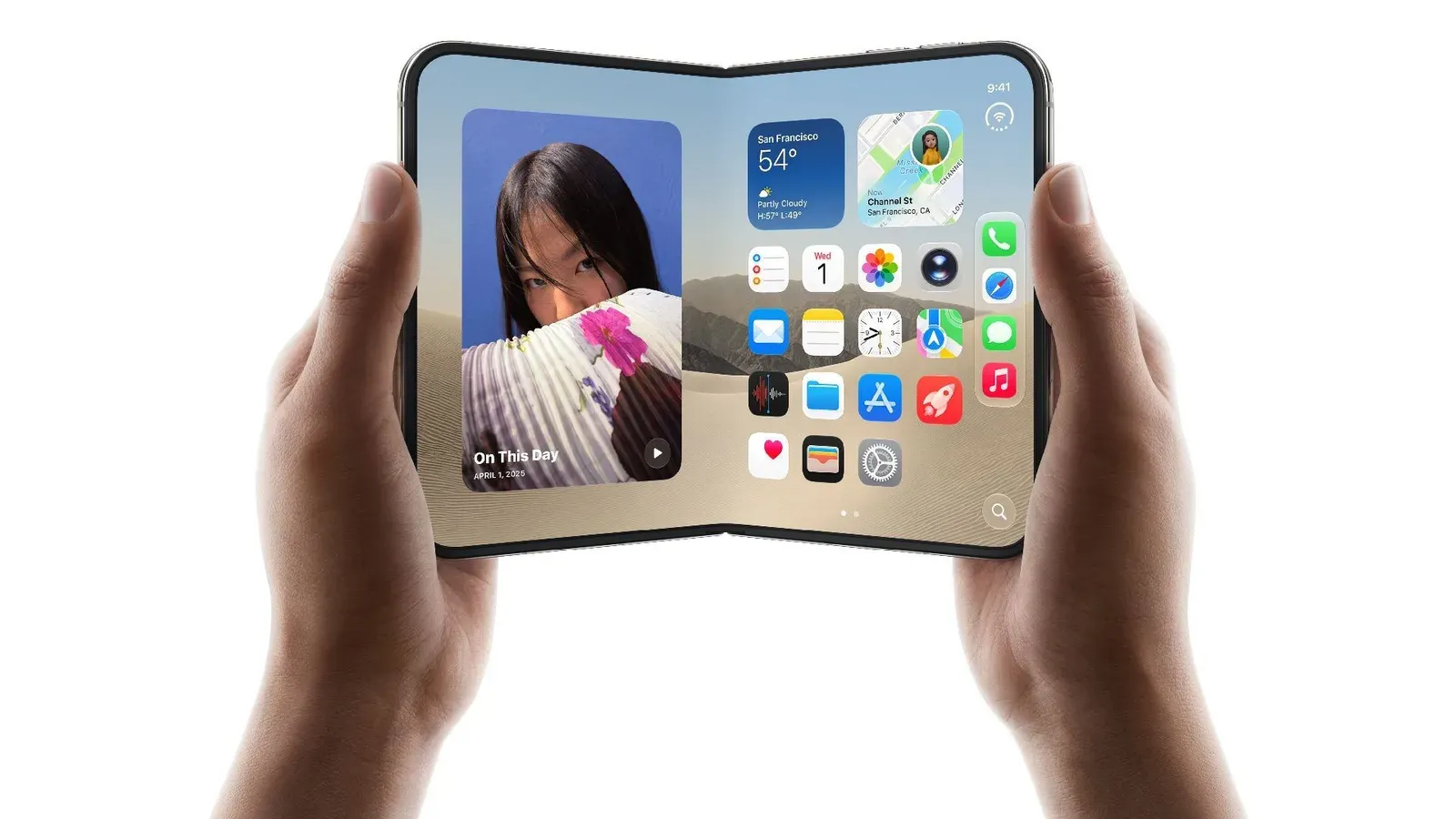iPhone Duo มือถือพับได้ของ Apple ในภาพประกอบประกาศของ Verizon ซึ่งระบุค่าบริการ iPhone Handoff 10 ดอลลาร์ต่อเดือน