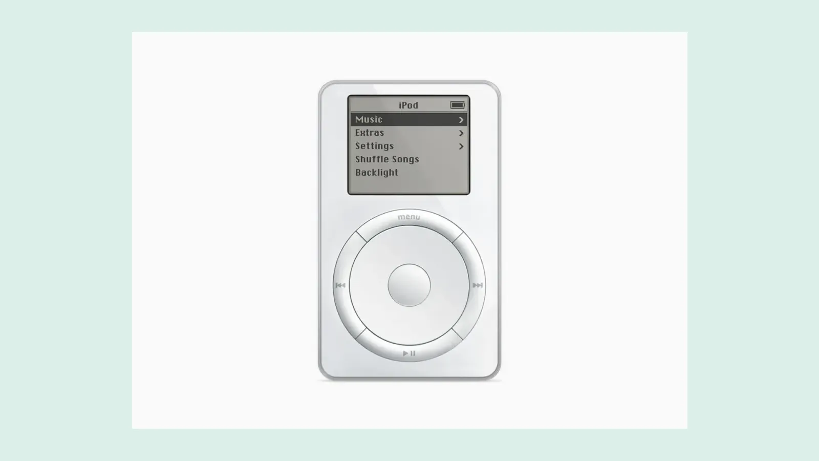 iPod รุ่นแรกสีขาวที่มีวงล้อเลื่อนและจอขาวดำแสดงเมนู Music, Extras, Settings ภาพผลิตภัณฑ์ที่ Apple เผยแพร่ในปี 2022 ประกอบเรื่อง iPod 25 ปี