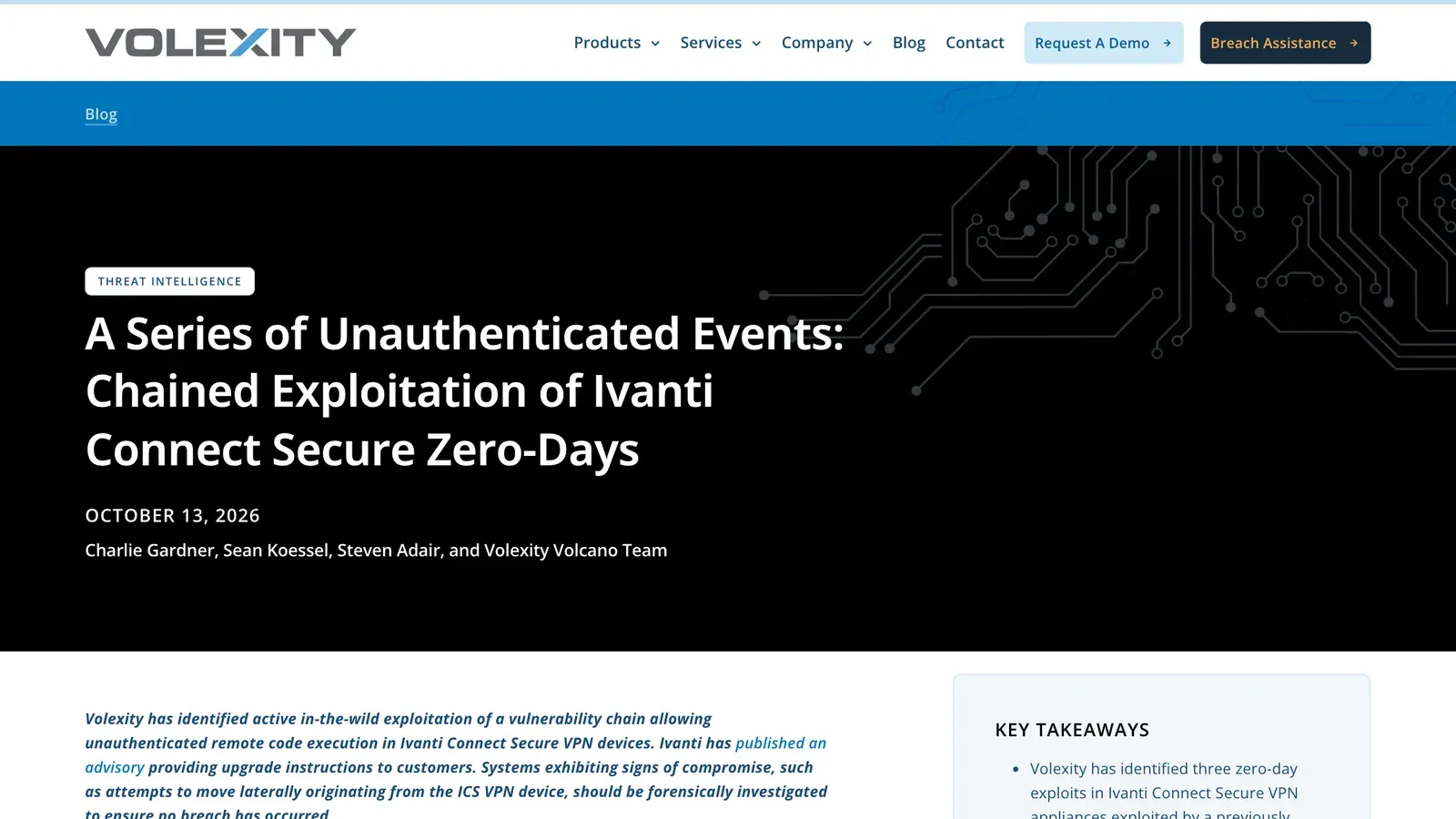 หน้ารายงานของ Volexity ชื่อ A Series of Unauthenticated Events: Chained Exploitation of Ivanti Connect Secure Zero-Days ลงวันที่ 13 ตุลาคม 2026 อธิบาย Ivanti Connect Secure zero-day ที่ถูกใช้โจมตีจริง