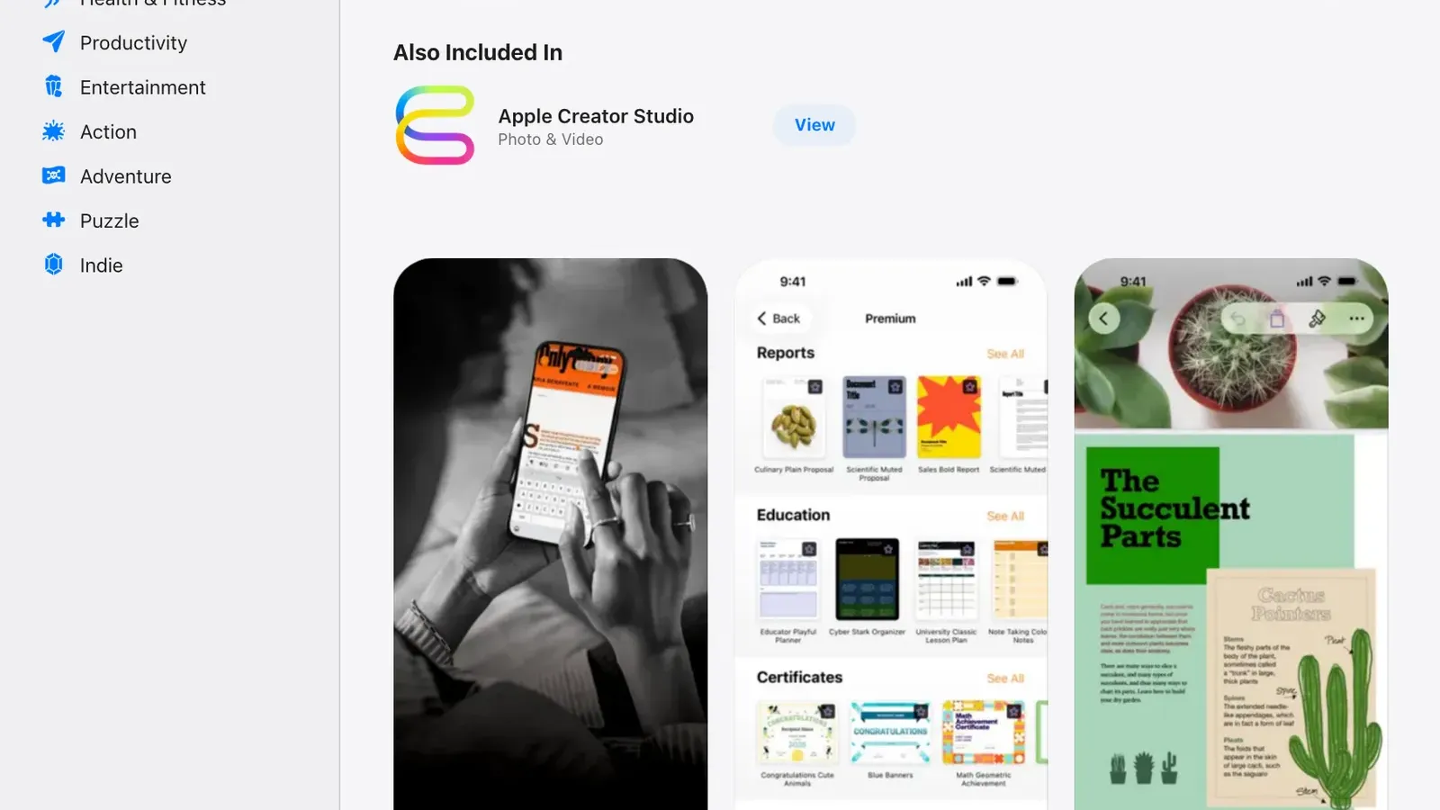 หน้า Pages ใน App Store ระบุว่าแอปรวมอยู่ใน Apple Creator Studio ซึ่งเป็นการสมัครสมาชิกที่ต้องมีเพื่อใช้ iWork Intelligent Assistant