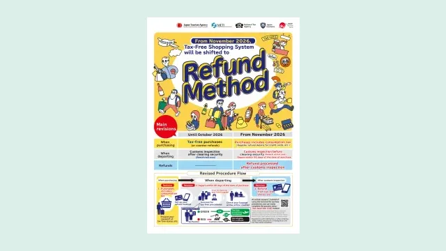 ใบปลิวของสำนักงานการท่องเที่ยวญี่ปุ่น กระทรวง METI กรมสรรพากรญี่ปุ่น และศุลกากรญี่ปุ่น ประกาศว่า Tax Free ญี่ปุ่น 2026 เปลี่ยนเป็น Refund Method ตั้งแต่เดือนพฤศจิกายน 2026 พร้อมตารางเทียบขั้นตอนเดิมกับใหม่