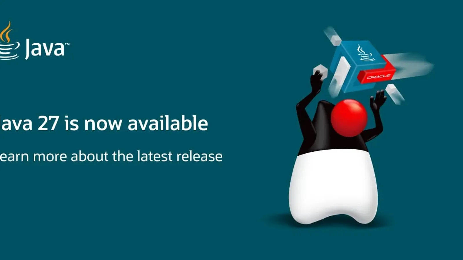 ภาพประกอบประกาศ Java 27 is now available ของ Oracle พร้อมตัวมาสคอต Duke