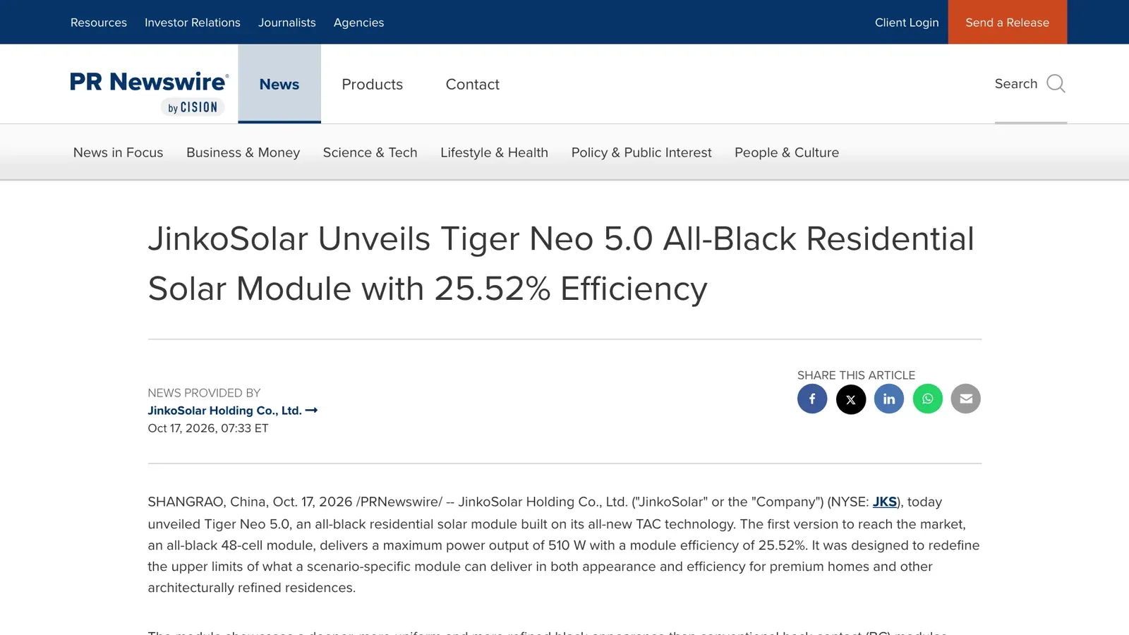หน้าประกาศเปิดตัว Tiger Neo 5.0 แผงโซลาร์สีดำล้วนสำหรับบ้านของ JinkoSolar วันที่ 17 ตุลาคม 2026 ระบุกำลังสูงสุด 510 วัตต์ ประสิทธิภาพ 25.52%