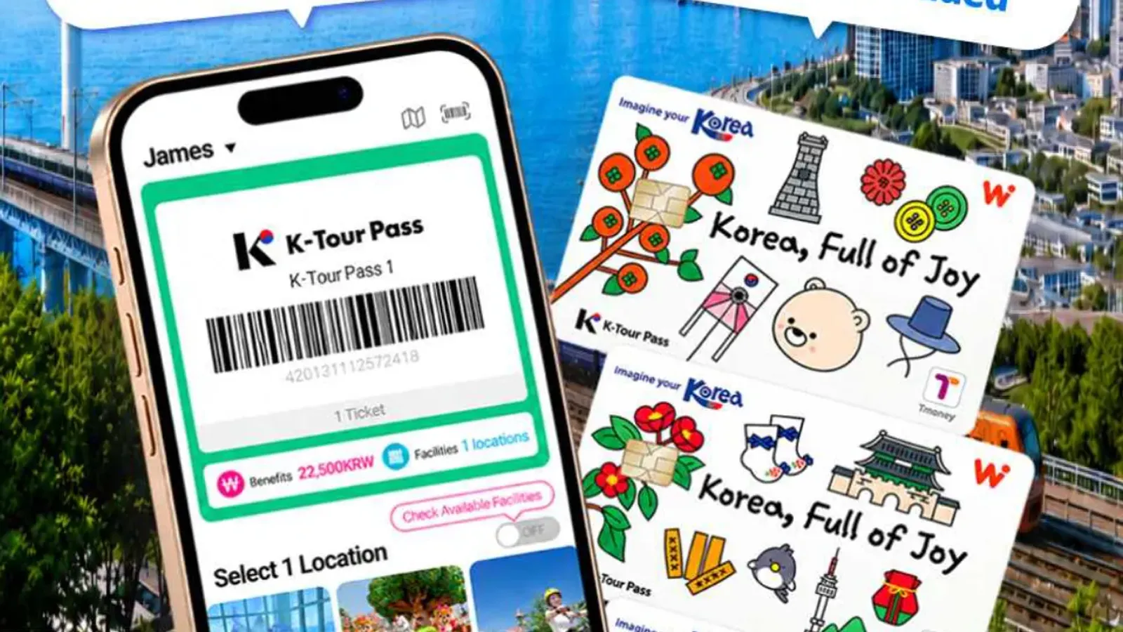 ภาพโปรโมต K-Tour Pass ขององค์การการท่องเที่ยวเกาหลี ระบุ KTX/Express Bus 40% OFF, AREX 50% OFF, Free Busan Attractions และ WOWPASS Included พร้อมภาพบาร์โค้ดในแอปและบัตร