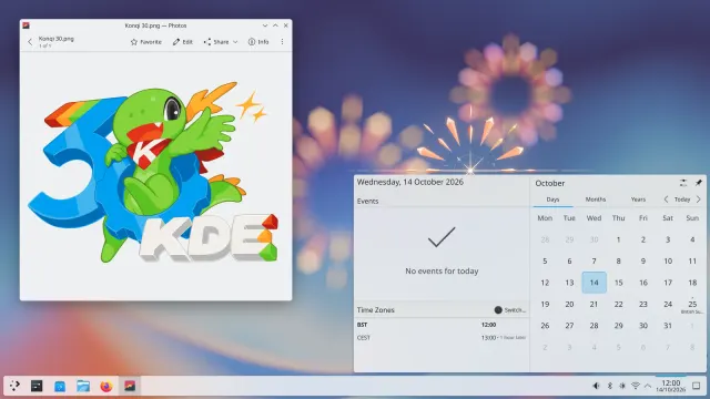 เดสก์ท็อป KDE Plasma 6.8 แสดงภาพมาสคอต Konqi ฉลอง 30 ปี KDE และปฏิทินวันพุธที่ 14 ตุลาคม 2026