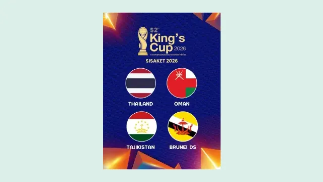 โปสเตอร์คิงส์คัพ ครั้งที่ 52 Sisaket 2026 แสดงธงไทย โอมาน ทาจิกิสถาน และบรูไน