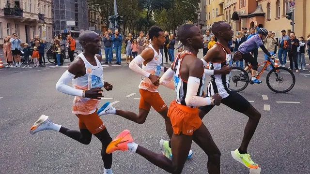 Eliud Kipchoge ในเสื้อกล้าม ปลอกแขนสีขาว กางเกงขาสั้นสีส้ม และรองเท้าวิ่งมาราธอน วิ่งกับกลุ่มนำช่วงกิโลเมตรที่ 25 ของ Berlin Marathon 2023