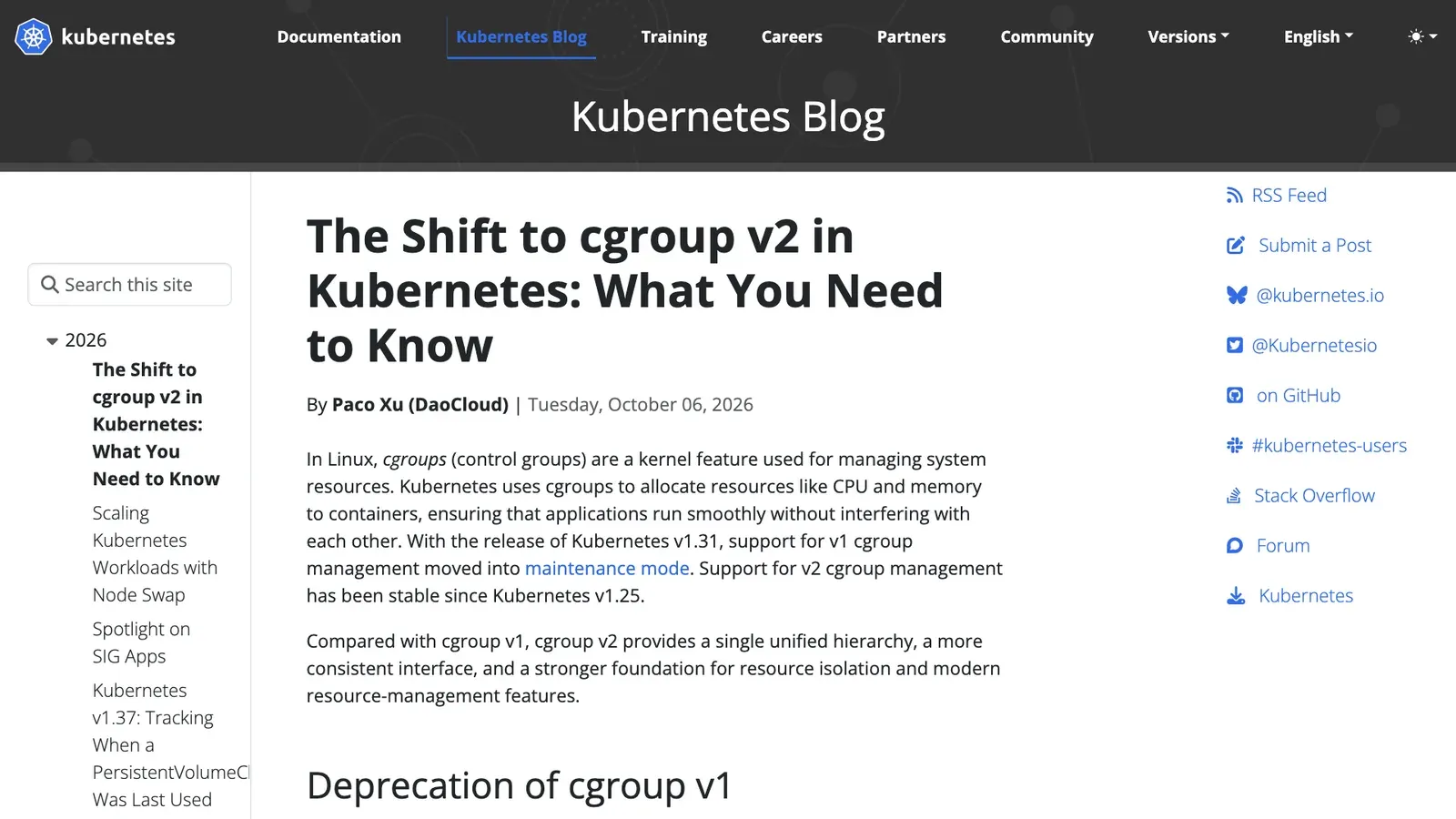 ภาพหน้าจอบทความ The Shift to cgroup v2 in Kubernetes: What You Need to Know บน Kubernetes Blog โดย Paco Xu (DaoCloud) วันที่ 6 ตุลาคม 2026