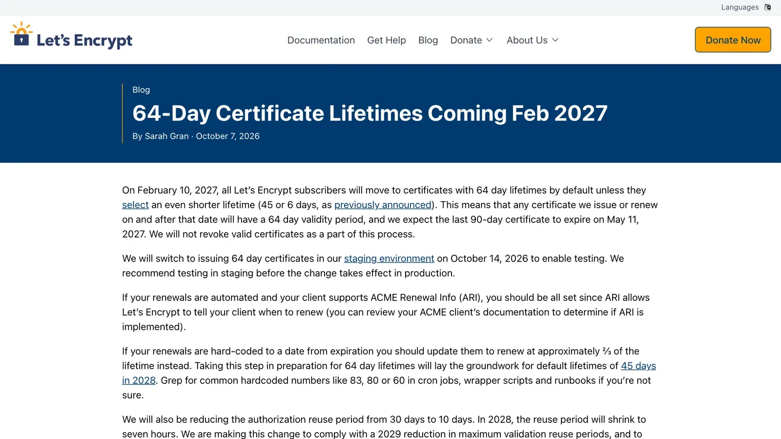 ภาพหน้าจอประกาศ 64-Day Certificate Lifetimes Coming Feb 2027 บนบล็อก Let's Encrypt โดย Sarah Gran วันที่ 7 ตุลาคม 2026