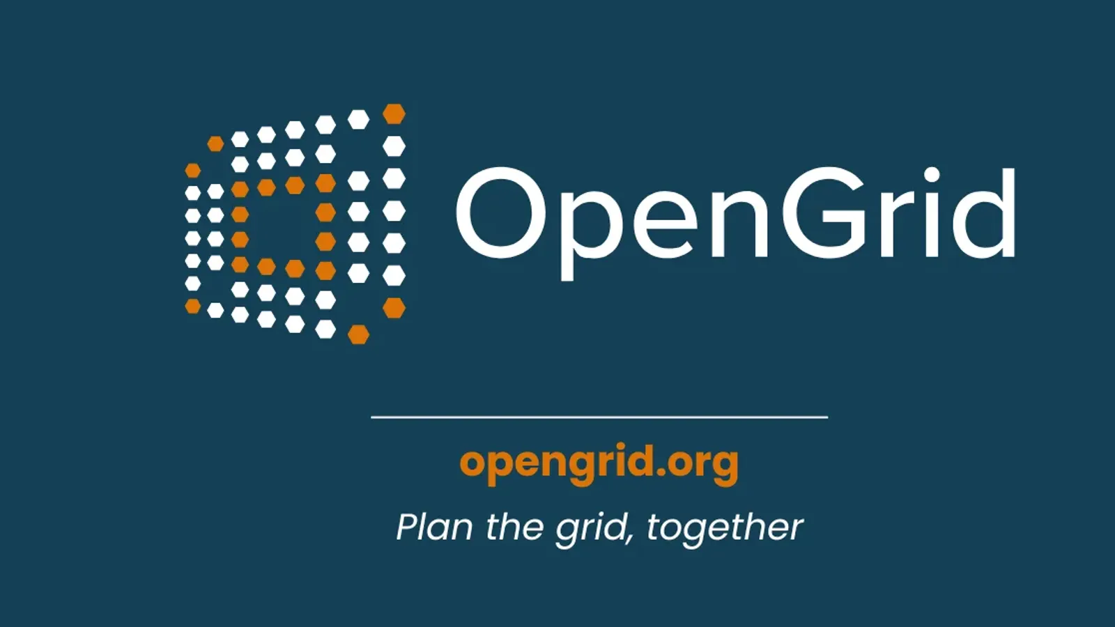 โลโก้ OpenGrid พร้อมเว็บไซต์ opengrid.org และคำขวัญ Plan the grid, together
