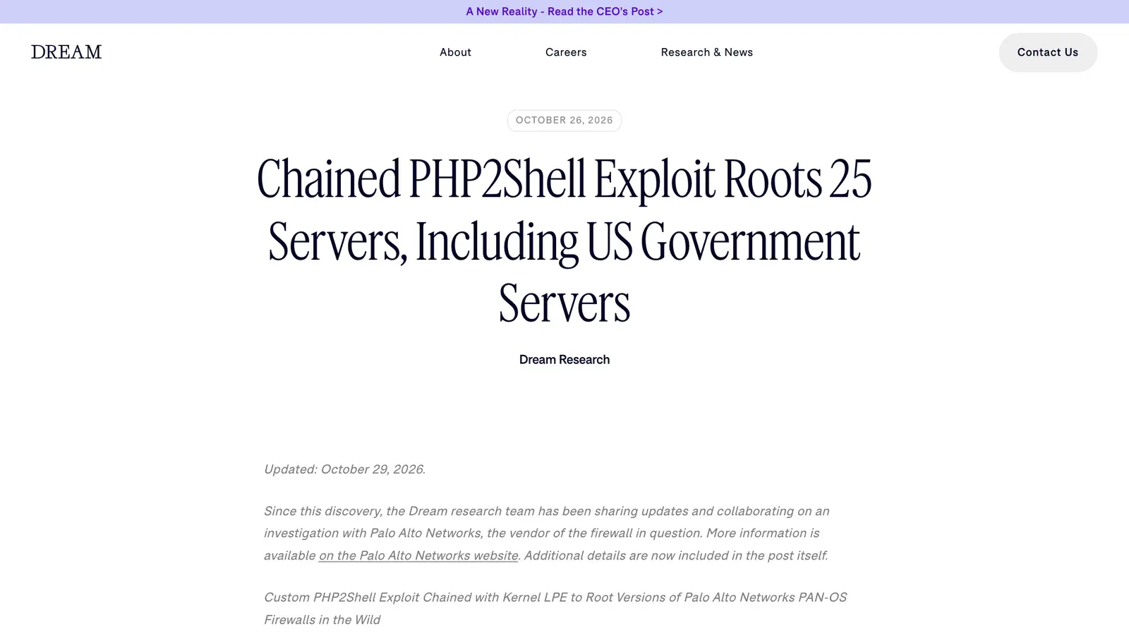 หน้ารายงาน Chained PHP2Shell Exploit Roots 25 Servers ของ Dream Research ลงวันที่ 26 ตุลาคม 2026 ปรับปรุง 29 ตุลาคม 2026