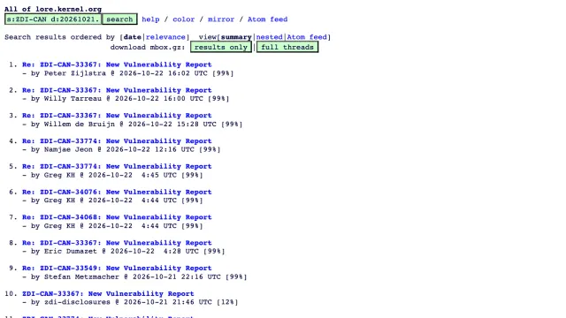 ผลค้นหาบน lore.kernel.org แสดงรายงาน ZDI-CAN-33549 และ ZDI-CAN-33774 ของ zdi-disclosures วันที่ 21 ตุลาคม 2026 พร้อมคำตอบของ Stefan Metzmacher, Greg KH และ Namjae Jeon วันที่ 21–22 ตุลาคม ซึ่งเกี่ยวกับช่องโหว่ KSMBD