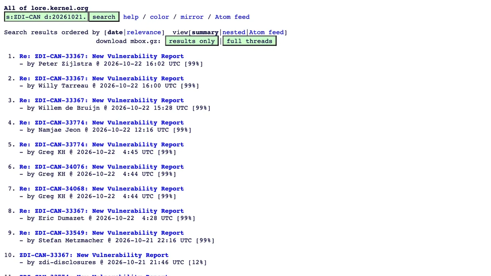 ผลค้นหาบน lore.kernel.org แสดงรายงาน ZDI-CAN-33549 และ ZDI-CAN-33774 ของ zdi-disclosures วันที่ 21 ตุลาคม 2026 พร้อมคำตอบของ Stefan Metzmacher, Greg KH และ Namjae Jeon วันที่ 21–22 ตุลาคม ซึ่งเกี่ยวกับช่องโหว่ KSMBD