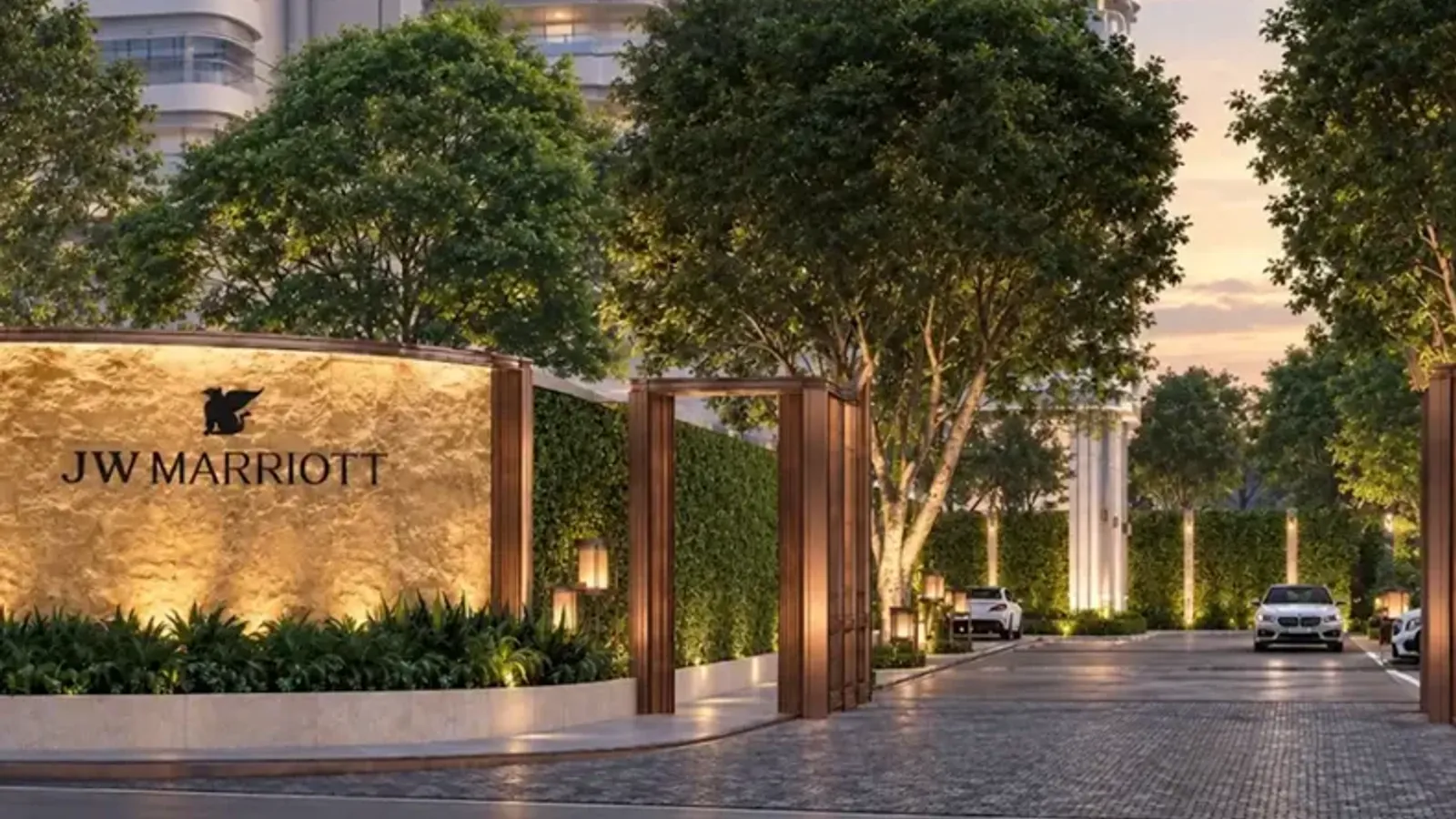 ภาพจำลองทางเข้าโรงแรม JW Marriott Bangkok Sathorn พร้อมป้ายแบรนด์ JW Marriott หนึ่งใน 7 โรงแรมที่ Marriott เซ็นสัญญากับ FICO Corporation