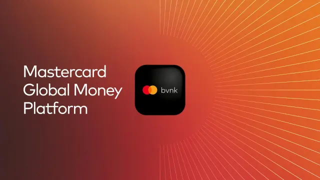 ภาพประกาศ Mastercard Global Money Platform ที่มีโลโก้ Mastercard และ BVNK บนพื้นสีส้มแดง