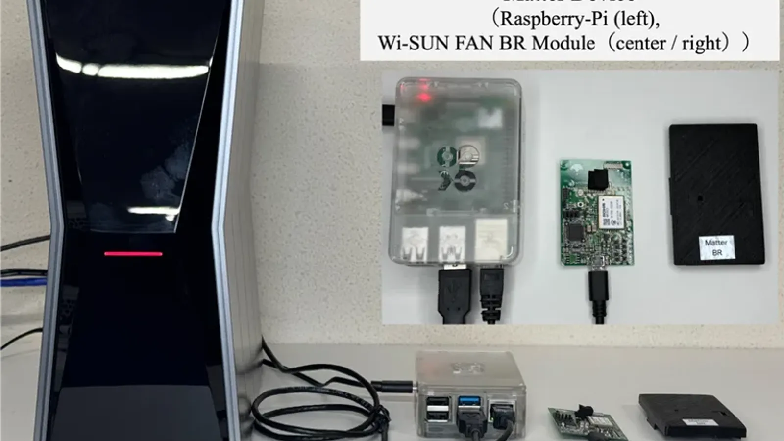 อุปกรณ์ทดลอง Matter over Wi-SUN ของมหาวิทยาลัยเกียวโต ได้แก่ เราเตอร์ Wi-Fi บอร์ด Raspberry Pi และโมดูล Wi-SUN FAN border router ที่ทำหน้าที่อุปกรณ์ Matter