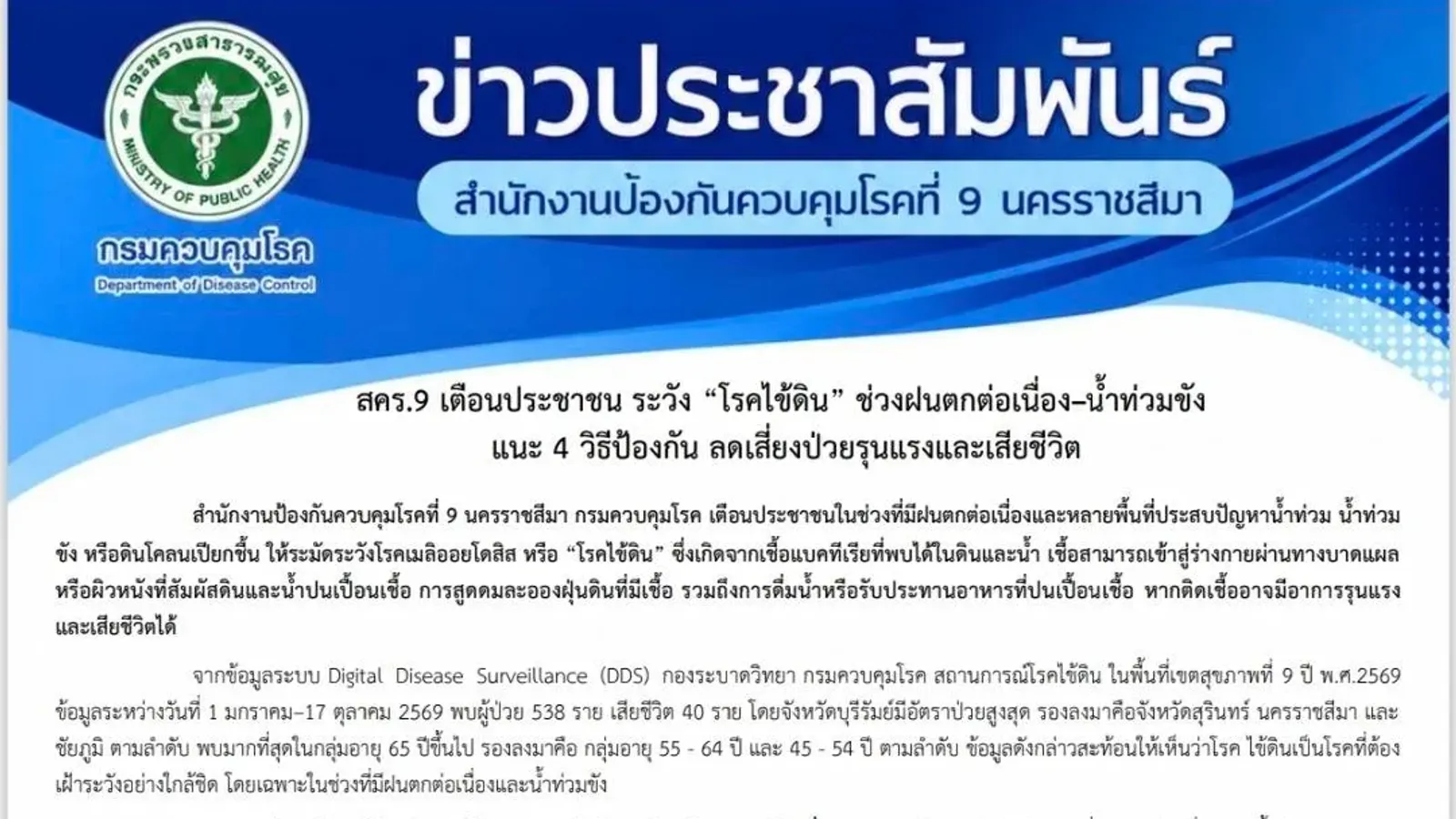 ข่าวประชาสัมพันธ์ สคร.9 นครราชสีมา กรมควบคุมโรค เตือนโรคไข้ดิน 2569 ช่วงฝนตกต่อเนื่องและน้ำท่วมขัง ผู้ป่วย 538 ราย เสียชีวิต 40 ราย พร้อม 4 วิธีป้องกันและสายด่วน 1422