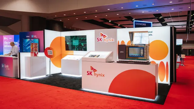 บูธของ SK hynix ในงาน TSMC OIP ปี 2026 ที่ซานตาคลารา มีโมเดลจำลองแพ็กเกจ GPU กับหน่วยความจำ HBM วางบน interposer และ package substrate