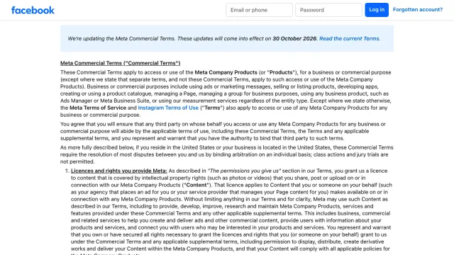 หน้า Meta Commercial Terms ฉบับใหม่บน facebook.com แจ้งว่าการแก้ไขจะมีผลวันที่ 30 ตุลาคม 2026 และระบุว่าข้อกำหนดใช้กับการลงโฆษณา ขายสินค้า ดูแลเพจ และใช้ Ads Manager หรือ Meta Business Suite