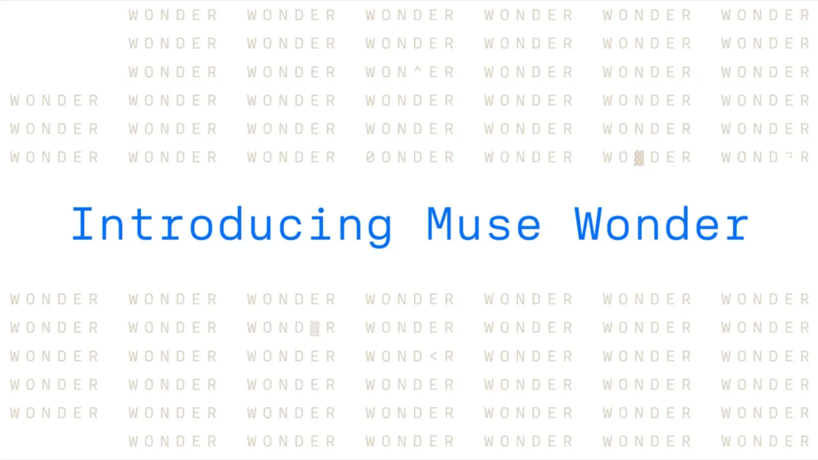ภาพประกาศเปิดตัว Muse Wonder ของ Meta ข้อความ Introducing Muse Wonder สีน้ำเงินบนพื้นขาวที่มีคำว่า WONDER เรียงซ้ำ