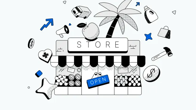 ภาพประกอบของ Meta สำหรับผลสำรวจ SME ใช้ AI รูปหน้าร้านค้ามีป้าย STORE และ OPEN ล้อมด้วยสัญลักษณ์ค้อน เหรียญ รถ และลูกศรขึ้น