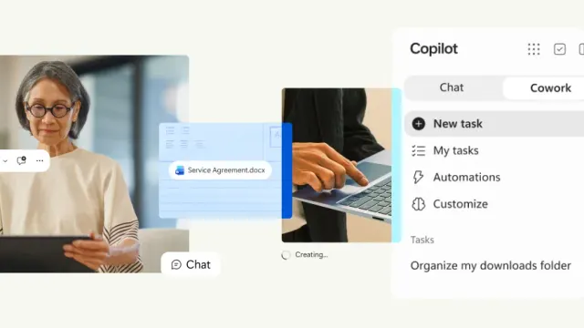 ภาพประกอบประกาศ Copilot for Legal ของ Microsoft แสดงผู้ใช้กับแท็บเล็ต ไฟล์ Service Agreement.docx และแผง Copilot ที่มีแท็บ Chat และ Cowork