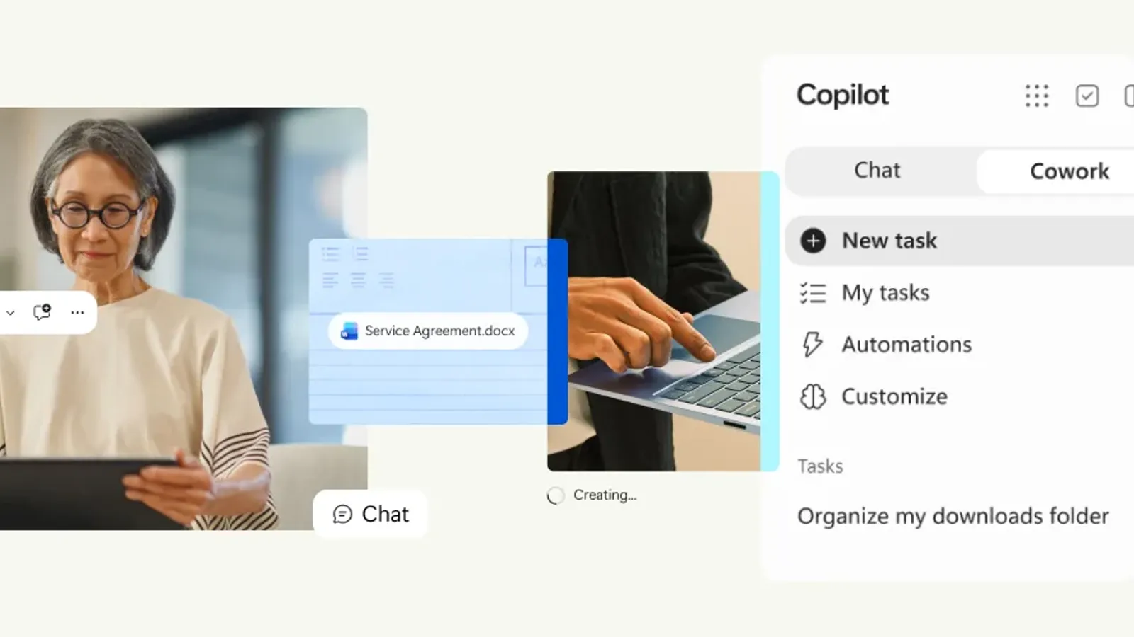 ภาพประกอบประกาศ Copilot for Legal ของ Microsoft แสดงผู้ใช้กับแท็บเล็ต ไฟล์ Service Agreement.docx และแผง Copilot ที่มีแท็บ Chat และ Cowork