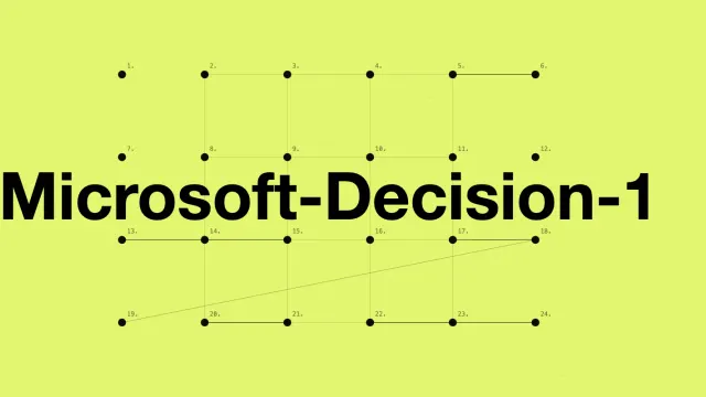 ภาพประกาศเปิดตัว Microsoft-Decision-1 ตัวอักษรชื่อโมเดลสีดำบนพื้นเขียวมะนาวกับตารางจุดเชื่อมเส้น