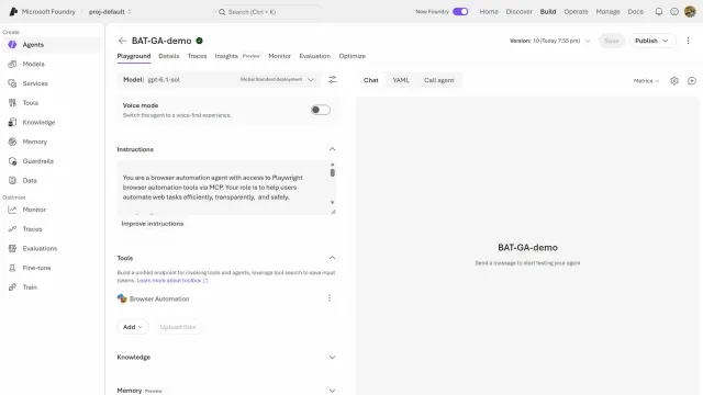 หน้า Playground ของ Microsoft Foundry ที่เพิ่มเครื่องมือ Foundry Browser Automation ให้เอเจนต์ทดสอบชื่อ BAT-GA-demo