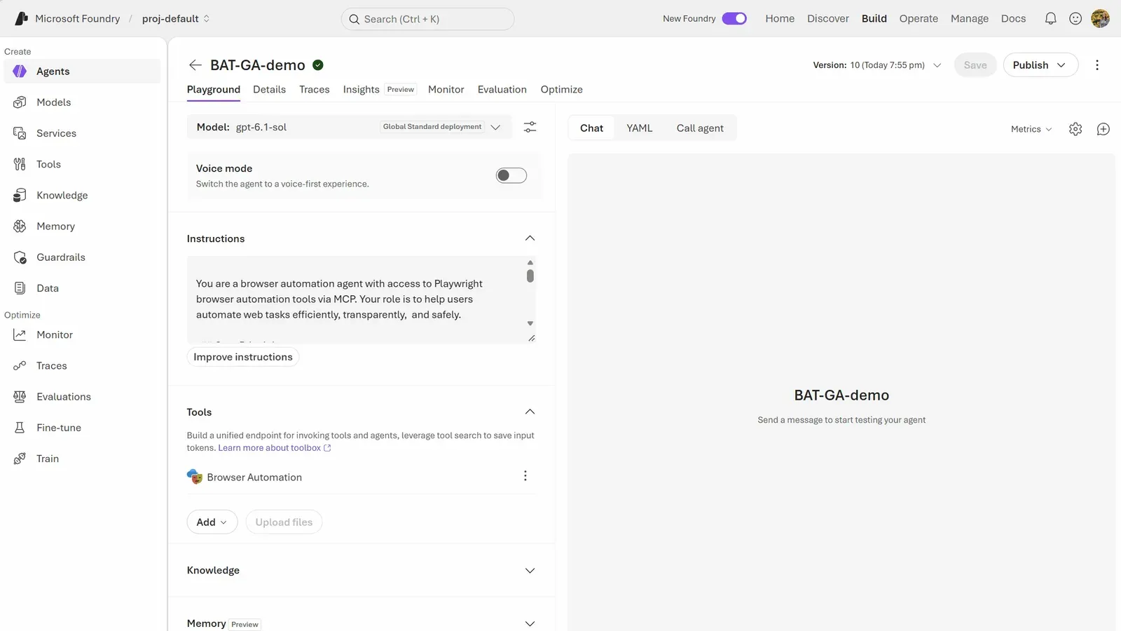 หน้า Playground ของ Microsoft Foundry ที่เพิ่มเครื่องมือ Foundry Browser Automation ให้เอเจนต์ทดสอบชื่อ BAT-GA-demo