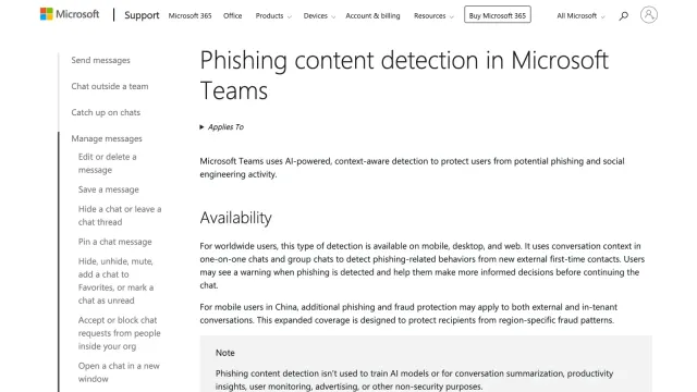 หน้า Microsoft Support เรื่อง Phishing content detection in Microsoft Teams อธิบายการตรวจแชตแรกจากผู้ติดต่อภายนอก และระบุว่าไม่ใช้ฝึกโมเดล AI