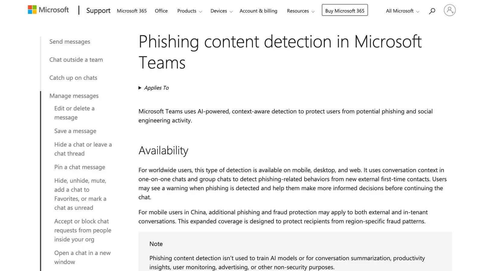 หน้า Microsoft Support เรื่อง Phishing content detection in Microsoft Teams อธิบายการตรวจแชตแรกจากผู้ติดต่อภายนอก และระบุว่าไม่ใช้ฝึกโมเดล AI
